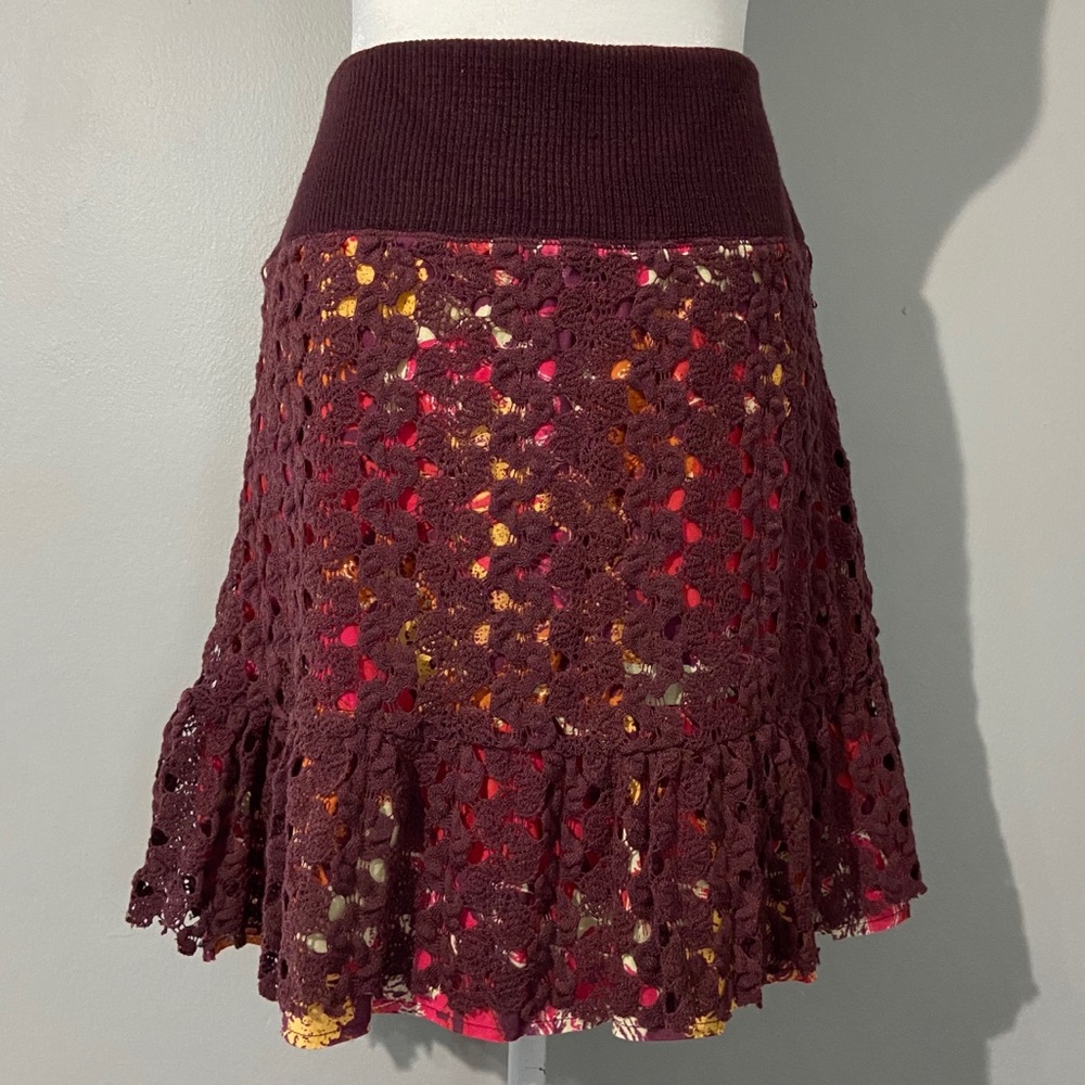 Free People Burgundy Crocheted Patterned Skirt E